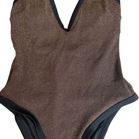 Cupshe X JoJo Atlantis Espresso Ribbed Lurex Halter One-Piece Swimsuit Medium - Picture 11 of 16